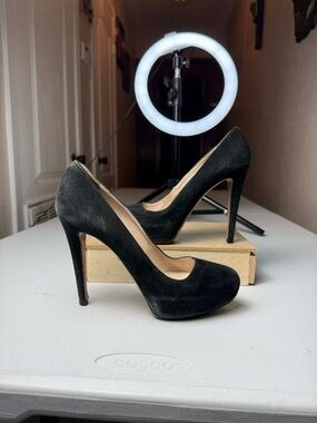 PRADA PUMPS Sz 36.5 / US 6.5 BLACK SUEDE LEATHER PLATFORM HEELS WOMEN'S SHOES